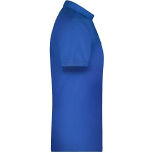 A blue men's polo shirt viewed from the side, featuring a collar and a branding logo.
