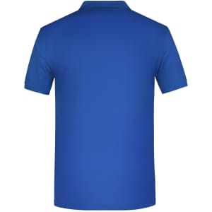 A blue men's polo shirt featuring a collar and short sleeves, displayed from the back. It has a logo on the back.