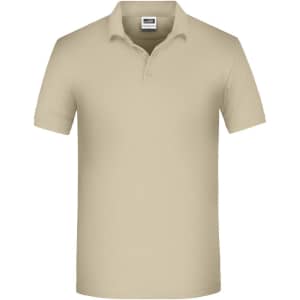 A beige men's polo shirt with a classic design and a collar, featuring a logo on the label.