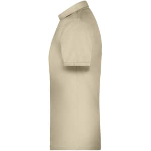 A beige men's polo shirt with a collar, featuring short sleeves and a logo on the side.