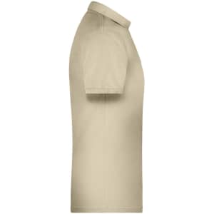 A men's beige work polo shirt featuring a collared design and short sleeves, with a logo on the chest.