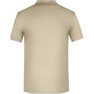 A beige work polo shirt featuring a classic collar and a logo on the back.