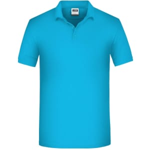 A blue polo shirt featuring a collar and a logo. Ideal for workwear purposes.