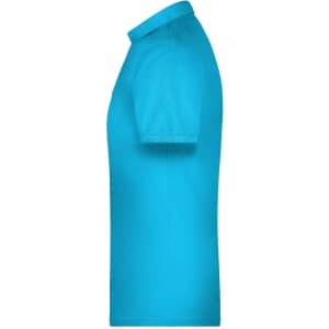 A bright turquoise men's work polo shirt displayed from the side, featuring a collar and short sleeves.