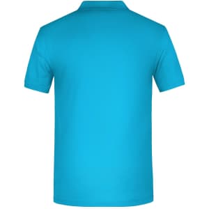 A men's polo shirt in a bright blue colour, featuring a logo on the back. Suitable for workwear.