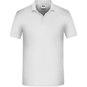 A white men's polo shirt with a three-button placket and a collar, featuring a logo.