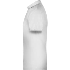 A white men's polo shirt displayed from the side, featuring a collar and short sleeves. It has a logo on the front.