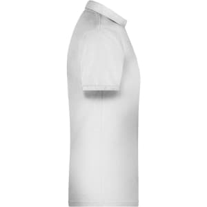 A white men's polo shirt with a collar, featuring a side view and a small branding logo.