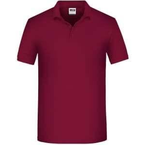 A burgundy polo shirt with a classic collar and short sleeves, featuring a logo on the chest.
