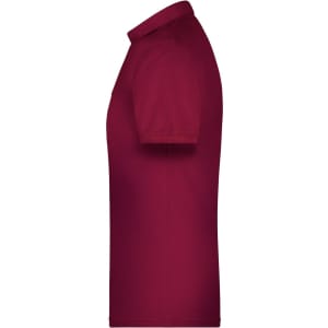 A maroon men's polo shirt with short sleeves and a collar, featuring a logo.