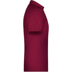 A burgundy men's work polo shirt, featuring short sleeves and a classic collar, with a logo on the chest.