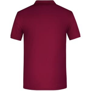 A maroon polo shirt featuring a collar and short sleeves. The back view shows a plain design with a logo.