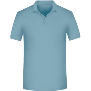 A light blue polo shirt with a collar and short sleeves, featuring a logo.