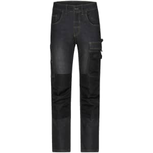 Stretch jeans in dark denim with contrasting black panels and multiple pockets, featuring a logo on the waistband.