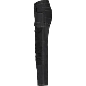 A pair of black stretch jeans featuring cargo pockets and a slim fit design. The jeans have a side profile view.