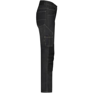A pair of black and dark denim stretch jeans, featuring pockets and a slim fit design.