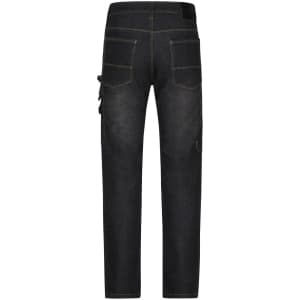 Stretch jeans in dark denim with multiple pockets and a logo, viewed from the back.