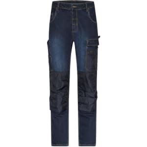 Workwear stretch-jeans in dark blue denim with black panels and multiple pockets. Features a logo on the waistband.