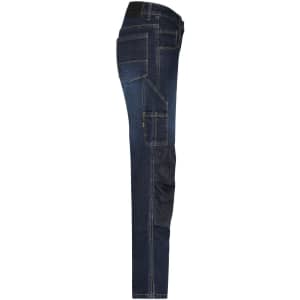 A pair of dark blue stretch jeans with multiple pockets and a fitted design. Features branding on the waistband.