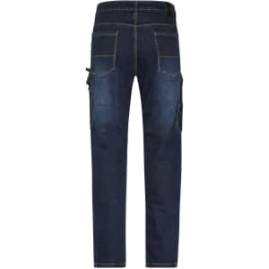 A pair of dark blue stretch jeans with multiple pockets and a logo on the waistband.