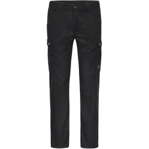 Black cargo pants with side pockets and a logo on the waistband, designed for workwear and casual use.
