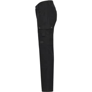 Black workwear cargo pants featuring multiple pockets and a sleek design, with a logo on the fabric.