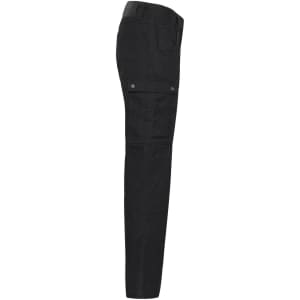 Black Workwear Cargo Pants displayed from the side, featuring pockets and a fitted design. A logo is visible.