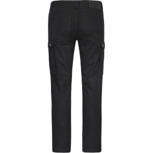 Black workwear cargo pants with side pockets and a fitted design, featuring a logo on the waistband.