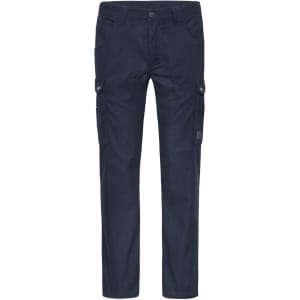 Navy blue workwear cargo pants with multiple side pockets and a fitted design. Features a logo on the waistband.