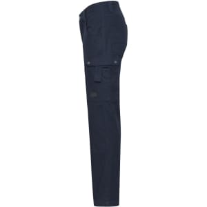 Cargo pants in navy blue with pocket detailing, featuring a logo on the fabric.