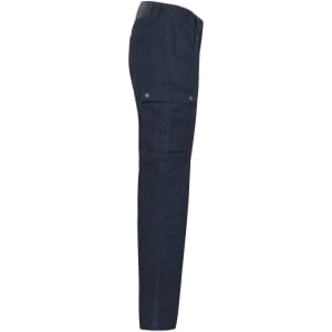 Navy workwear cargo pants featuring side pockets and a fitted design, with a logo on the waistband.