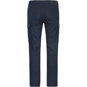 Navy workwear cargo pants with side pockets and a logo on the waistband, viewed from the back.