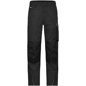 Black workwear pants featuring multiple pockets and a sleek design. Includes a logo on the material.