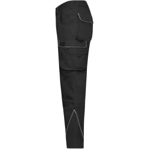 Black workwear pants featuring multiple pockets and reflective detailing on the side. Includes a logo on the garment.