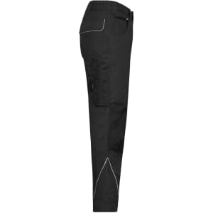 Black workwear pants featuring a slim fit design and side pockets, with a logo present on the garment.