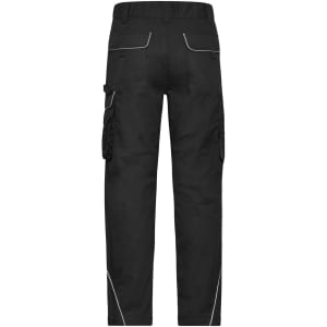 Workwear pants in black with side pockets and white stitching details. Features a waistband for a secure fit.