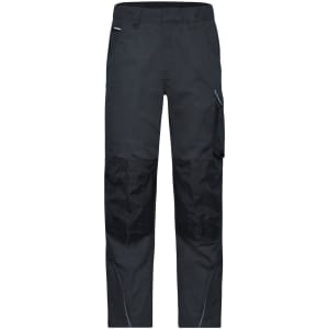 Black workwear pants with multiple pockets and a design featuring contrasting panels. Includes a logo on the fabric.