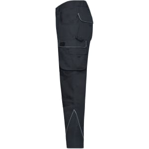 Workwear pants in dark grey with pockets and white stitching details. Includes a logo on the fabric.