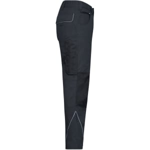 A pair of black workwear pants with a slim fit, featuring pockets and contrasting stitching on the side.