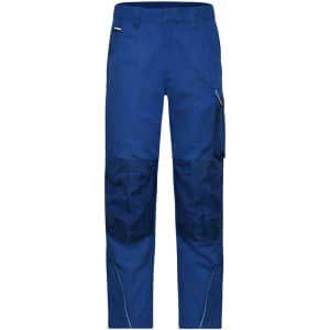 Blue work pants featuring a side pocket and reinforced panels. The pants also have a logo on them.