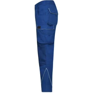 Blue workwear pants with multiple pockets and contrasting stitching. The pants have a logo on the side.