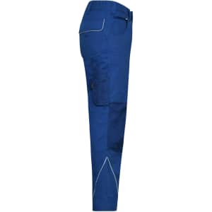Blue workwear pants displayed from the side, featuring a logo and detailed stitching.