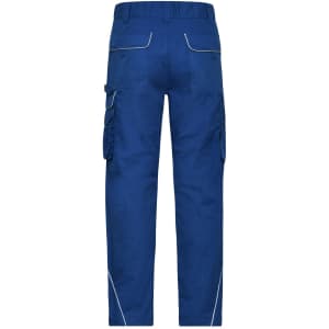 Workwear pants in bright blue with cargo pockets and a fitted design. Features stitching details and a logo.
