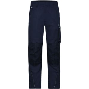 Navy workwear pants featuring a zippered pocket and reinforced panels. The design includes a logo on the waistband.