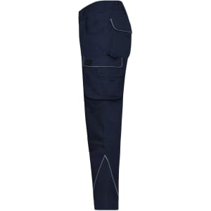 Workwear pants in navy blue with pockets and contrasting white stitching. Features a logo on the fabric.