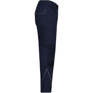 Workwear pants in navy blue with contrast stitching and a side pocket. Features a branded logo.