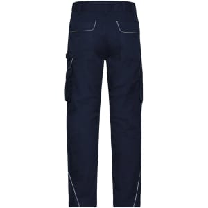 Navy work pants featuring cargo pockets and contrasting stitching, with an elastic waistband for comfort.