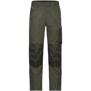 Workwear pants in olive green, featuring a cargo pocket and contrasting panel details. Includes branding on the fabric.