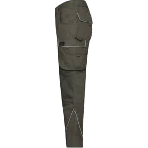 Workwear pants in olive green with multiple pockets and reflective piping along the seams. Features a logo.