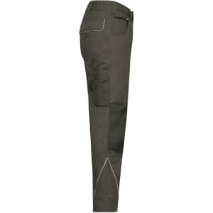 Workwear pants in olive green with side pockets and white piping detail. Features a logo on the waistband.